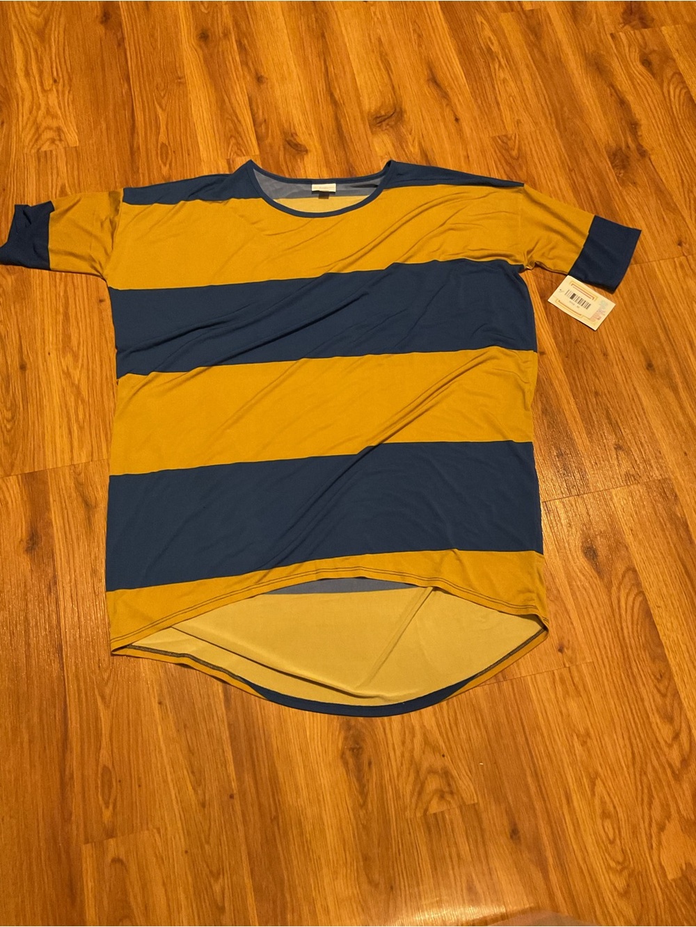 Lularoe Irma Tunic Top Mustard And Navy Wide Stripe Slinky Women’s Medium T1